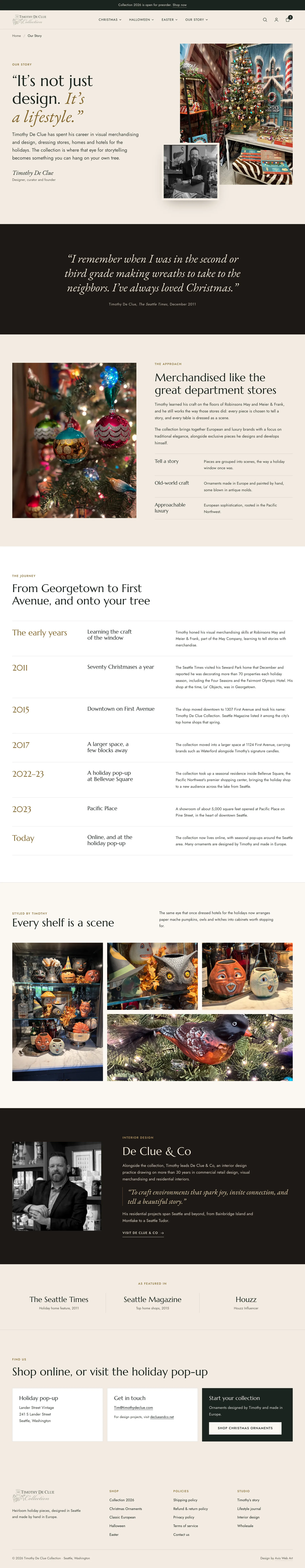 Our Story page with Timothy's quote, a timeline of his Seattle shops, and styled shelves.