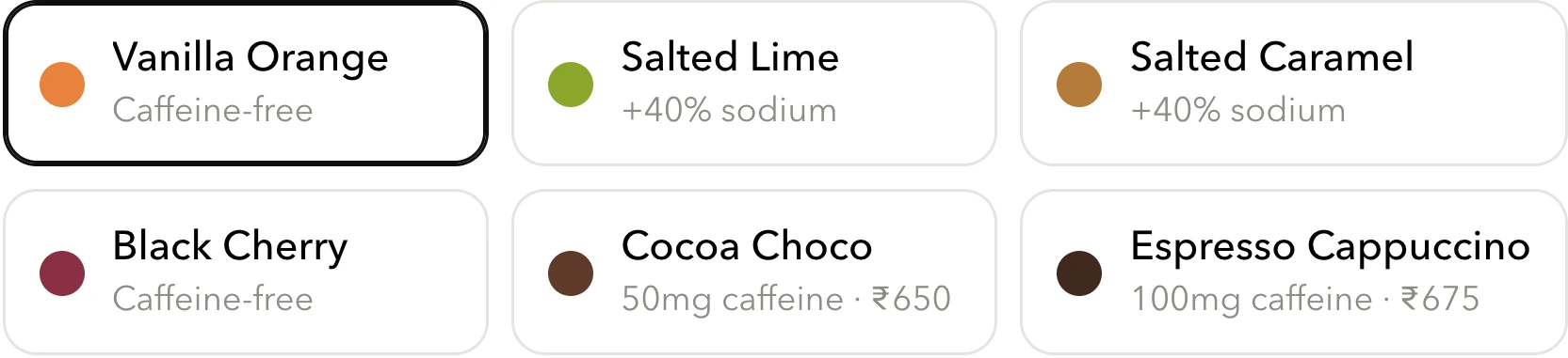 A six-cell flavour picker, each cell naming a flavour with its caffeine or sodium note.