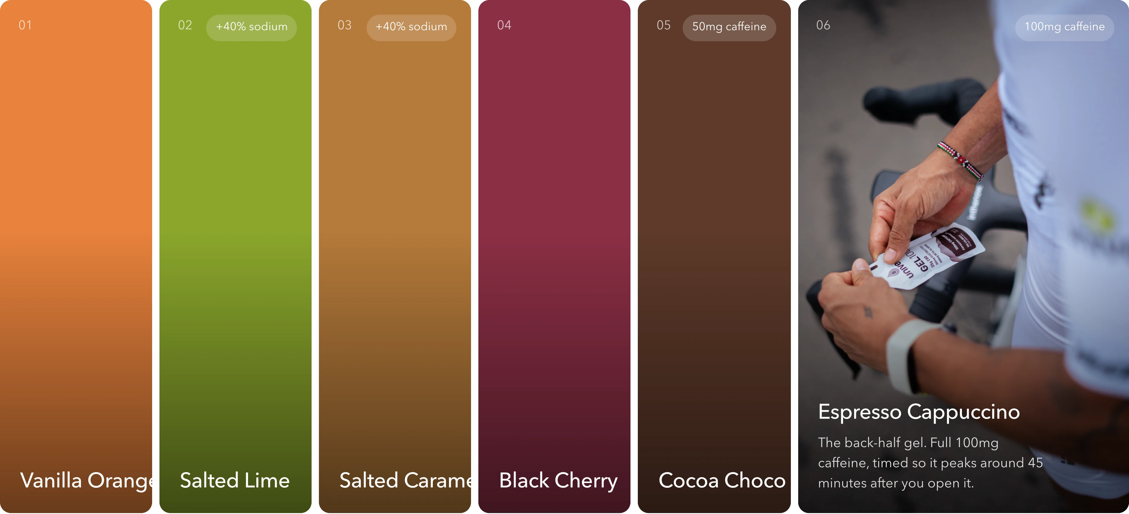 The six flavour panels, each a block of its own colour, with the sixth opened to show its description.