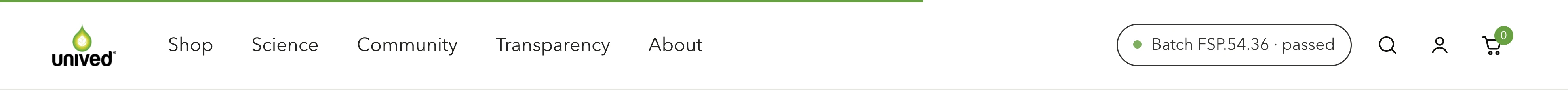 The site header: five links, a live batch pill reading passed, and search, account and cart icons.