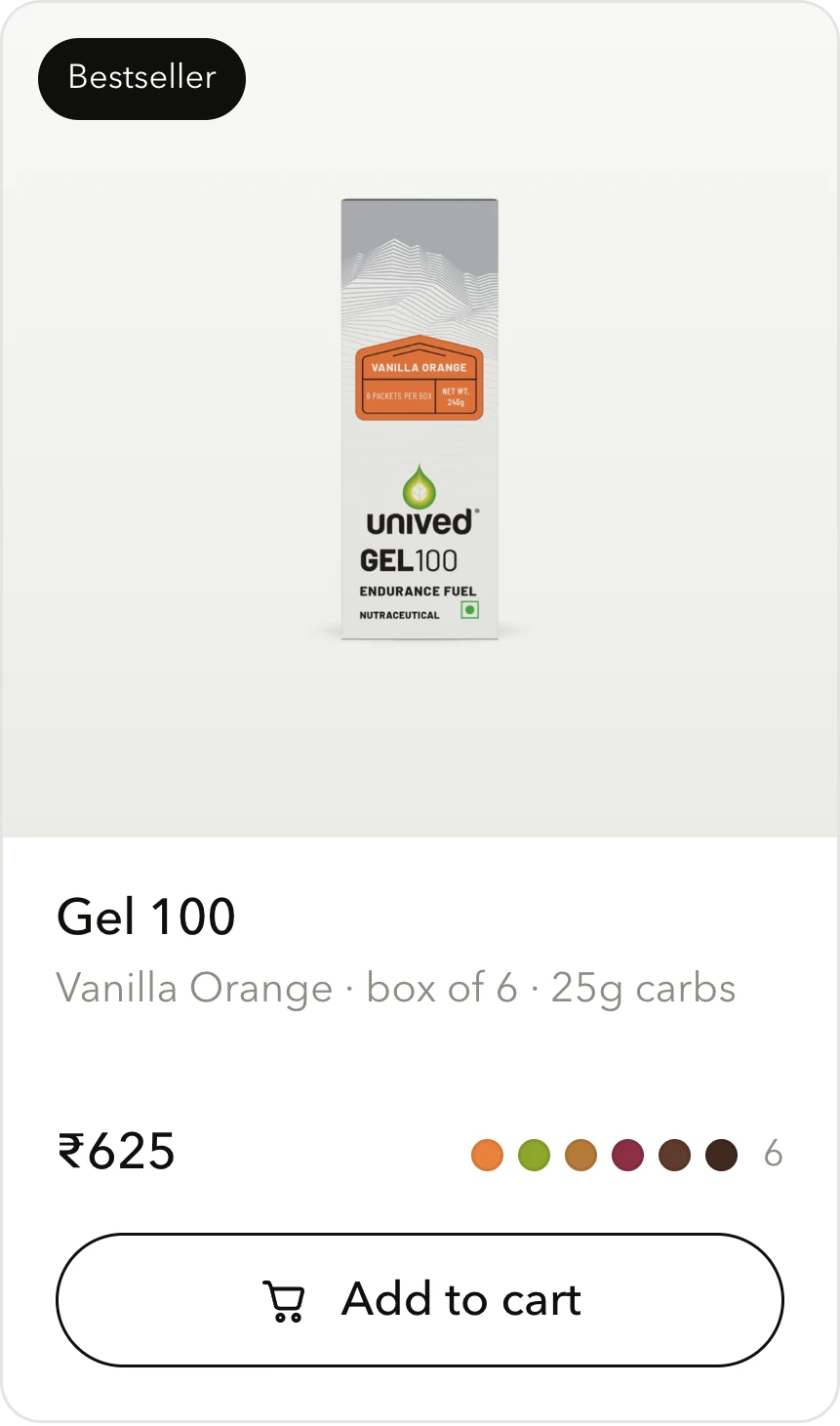 A product card for Gel 100 with a bestseller tag, price, six flavour dots and an add to cart button.