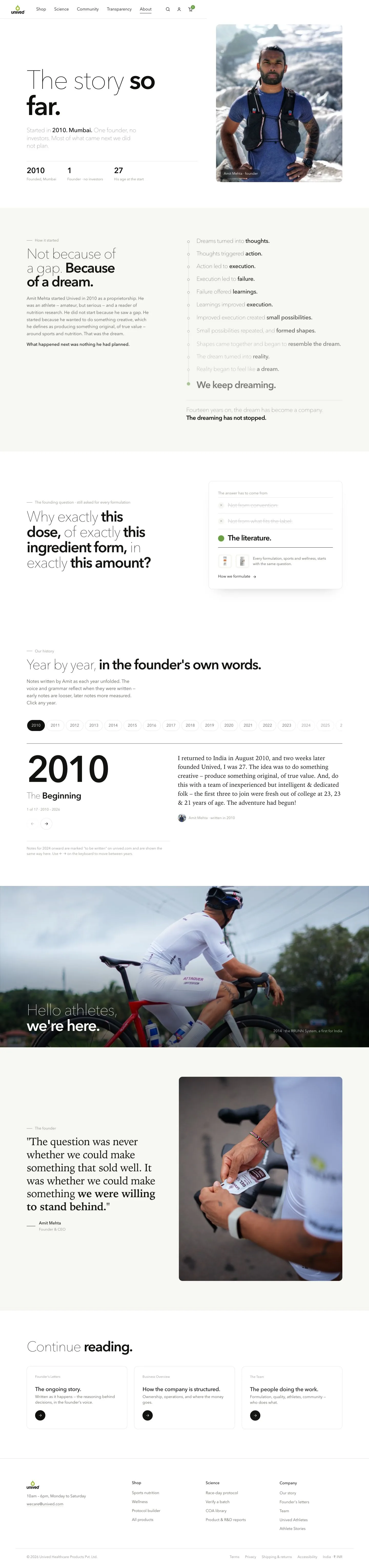 The Our Story page: the founder, the year-by-year timeline and the formulation question.