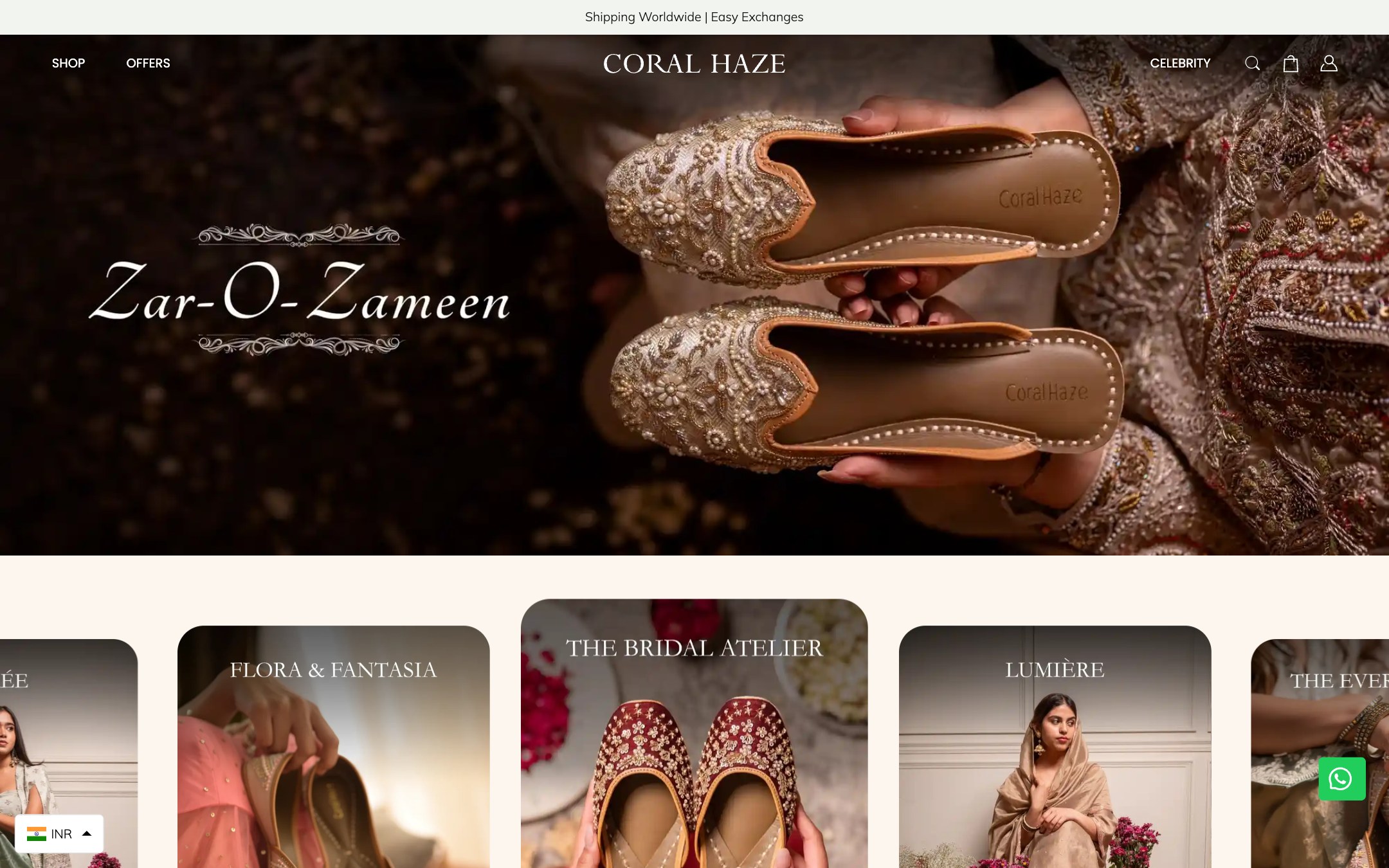 The Coral Haze homepage, hand-embroidered footwear on Shopify.