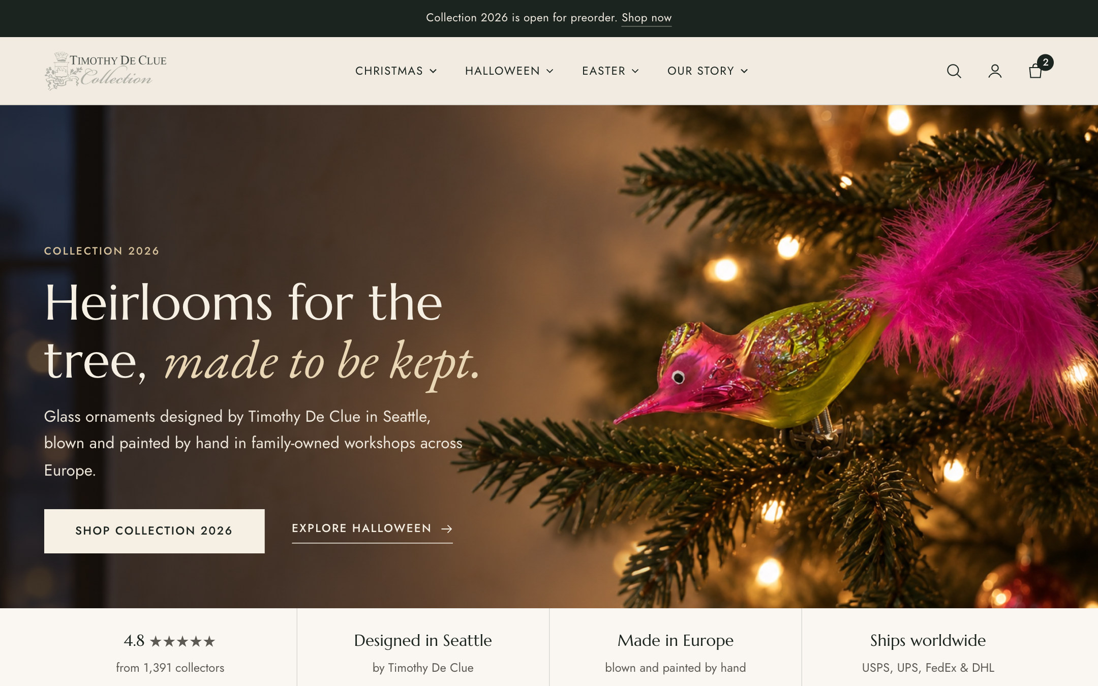 The Timothy De Clue Collection homepage, hand-blown glass ornaments on Shopify.